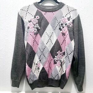 Alfred Dunner Pink and Gray‎ Argyle Sweater small